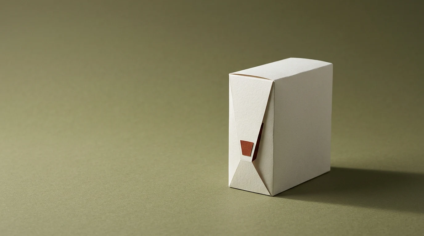 LM Studio model AI na własnym komputerze bez konta abonamentu i internetu - Promptowy White minimalist box with angular front folds and a small brown tab, set against an olive background.