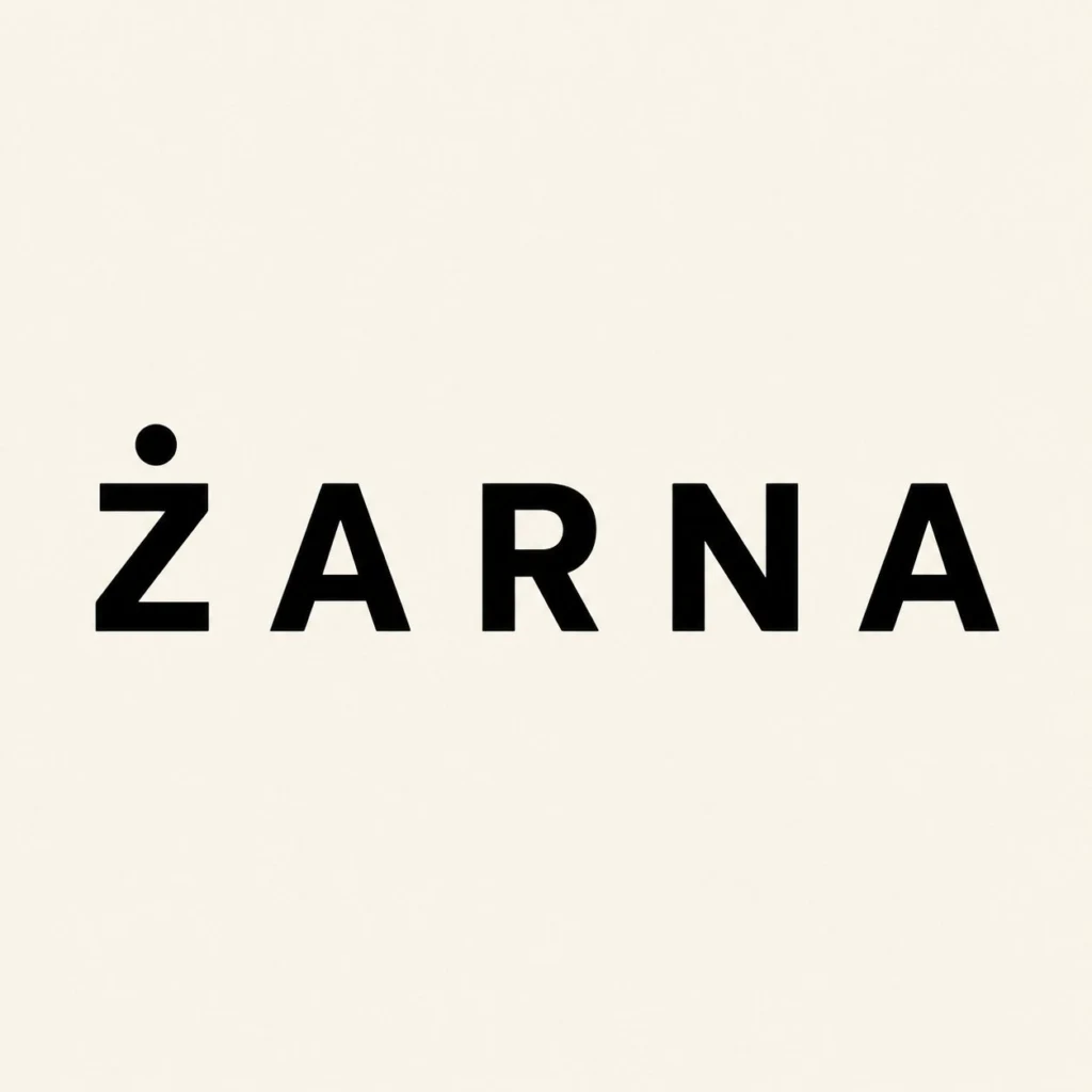 Brand logo reading ŽARNA in bold black letters on a pale beige background