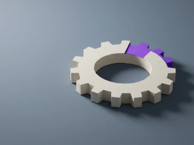 Make dawny Integromat jak działa automatyzacja na płótnie i za co naprawdę płacisz - Promptowy White 3D gear with a purple segment on a blue-gray background, symbolizing settings or process