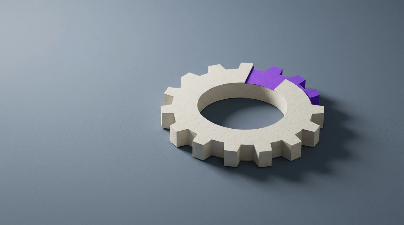 Make dawny Integromat jak działa automatyzacja na płótnie i za co naprawdę płacisz - Promptowy White 3D gear with a purple segment on a blue-gray background, symbolizing settings or process