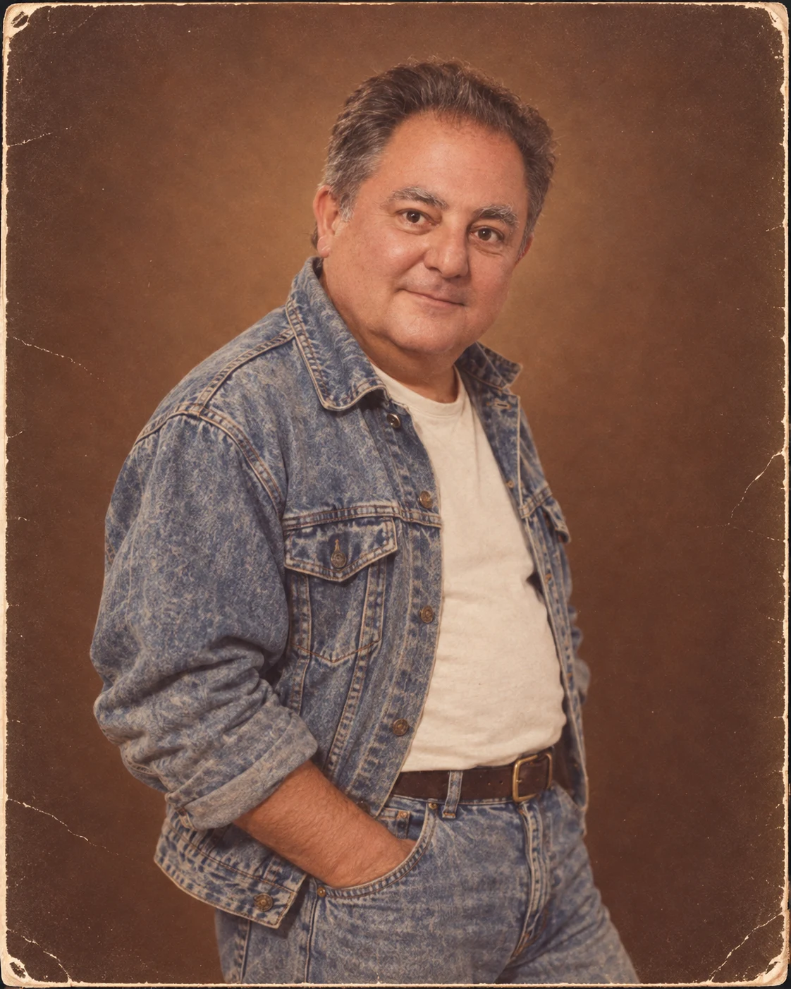 Stylizacja AI: Robert Makłowicz w spranej kurtce jeansowej na brązowym tle atelier. - Promptowy Stylizacja AI: Robert Makłowicz w spranej kurtce jeansowej na brązowym tle atelier.
