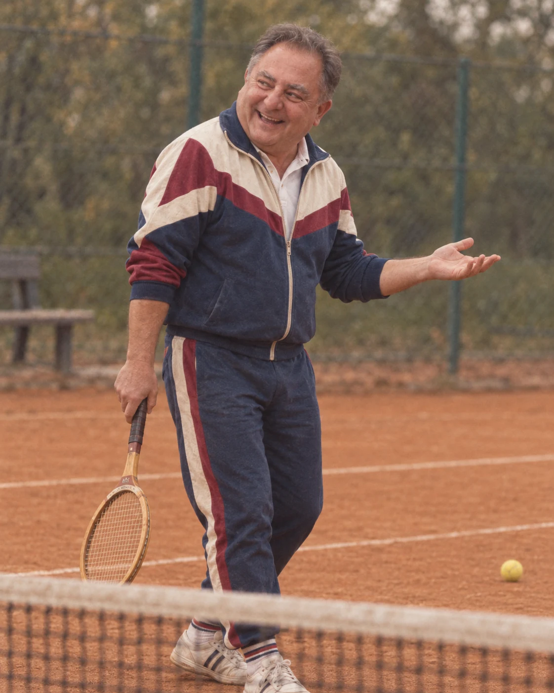 Stylizacja AI: rozbawiony Robert Makłowicz z rakietą na korcie tenisowym. - Promptowy Stylizacja AI: rozbawiony Robert Makłowicz z rakietą na korcie tenisowym.