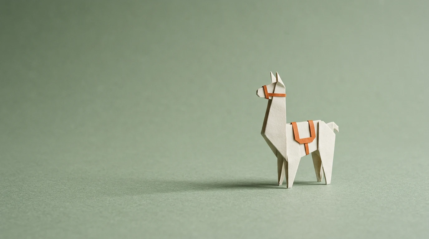 Origami white llama with orange saddle and bridle on a green backdrop.
