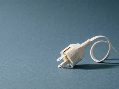 White two-prong electrical plug with a cord on a blue textured surface, angled to the right, close-up view