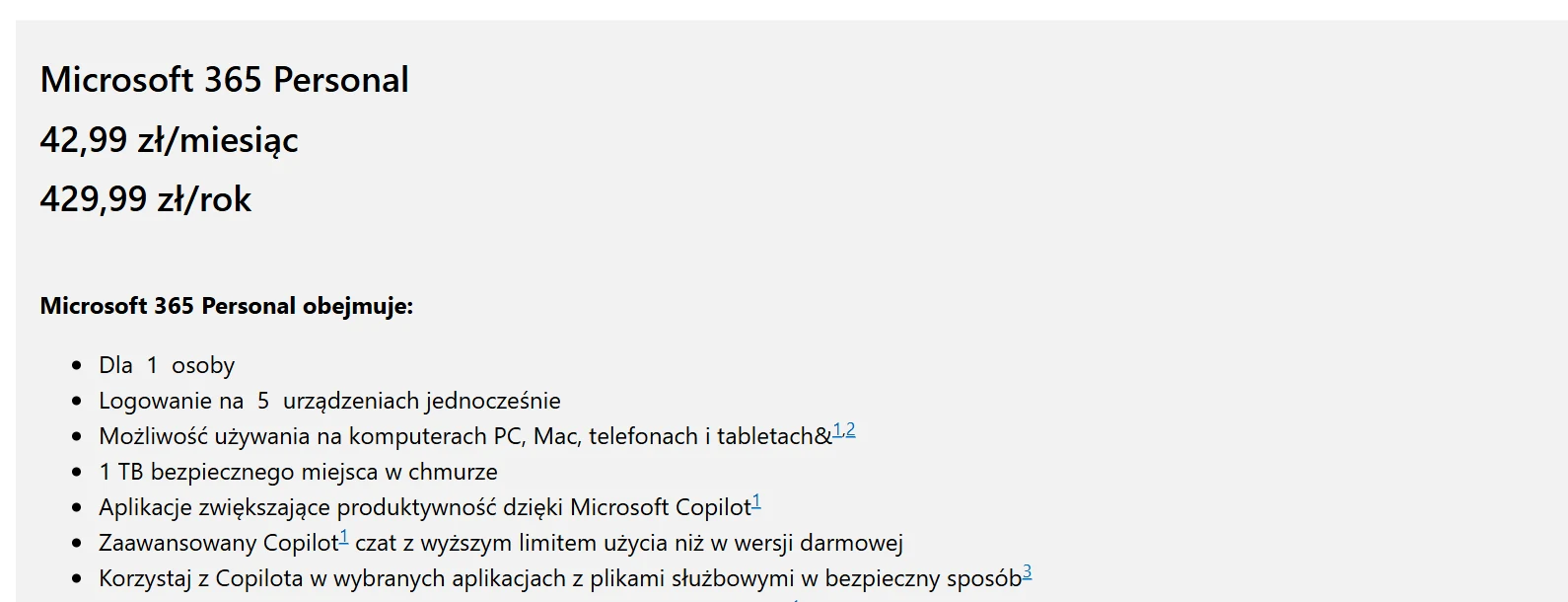 Fragment polskiego cennika Microsoft 365: plan Personal za 42,99 zł miesięcznie lub 429,99 zł rocznie, z Copilotem o wyższym limicie niż wersja darmowa - zrzut z 4 października 2026