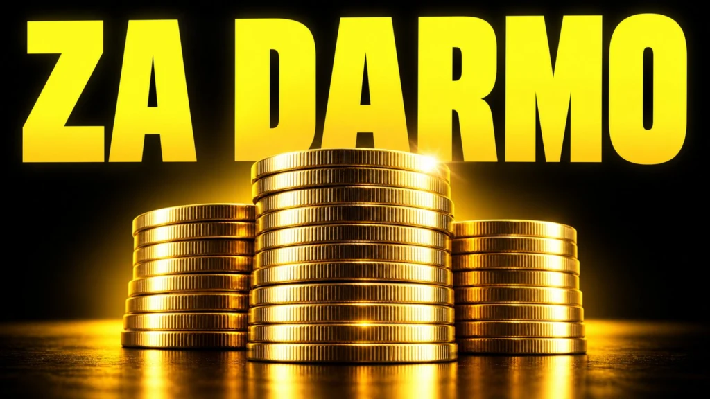 Three stacks of shiny gold coins glow on a dark surface beneath a large yellow 'ZA DARMO' text, suggesting money or a deal.
