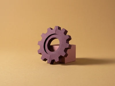 Purple gear leaning on a small pink block on a warm yellow background, in a studio setup.