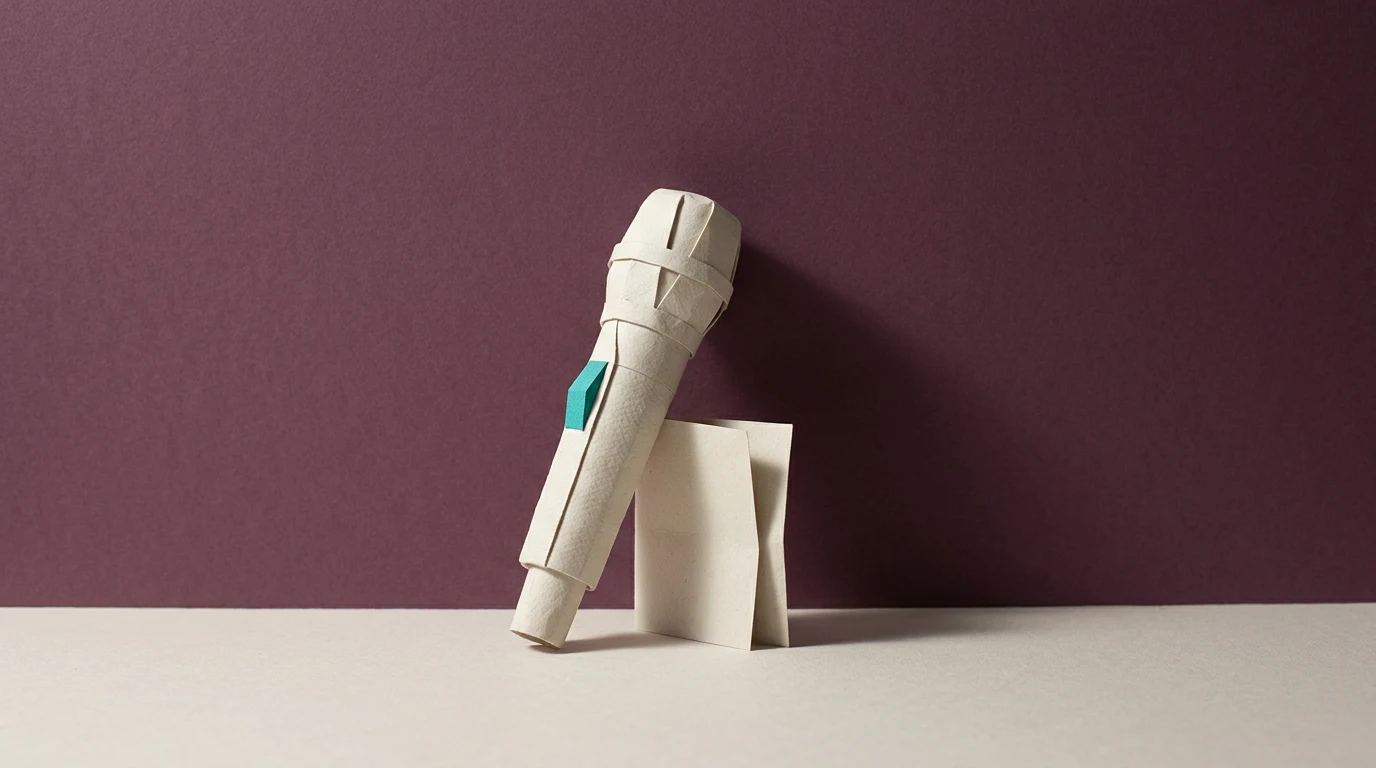 Zamiana mowy na tekst online dyktuj w przeglądarce za darmo - Promptowy Paper origami figure kneeling on a beige surface, purple backdrop, with a teal badge on its chest.