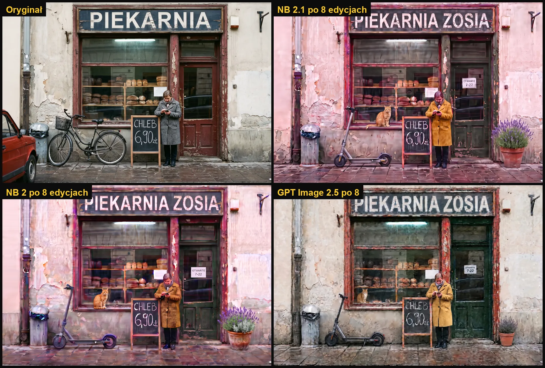 Piekarnia po 8 edycjach: oryginał, Nano Banana 2.1, Nano Banana 2 i GPT Image 2.5