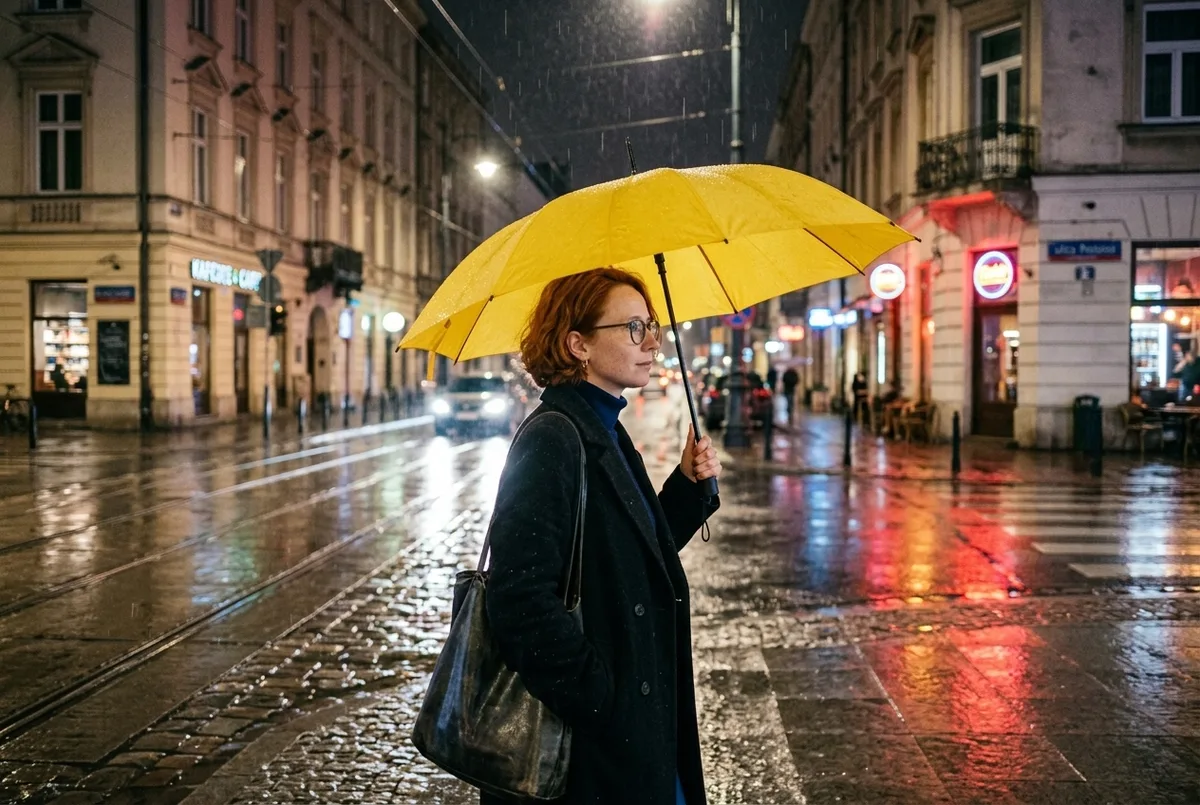 Nano Banana 2.1: ta sama kobieta z żółtym parasolem w deszczu