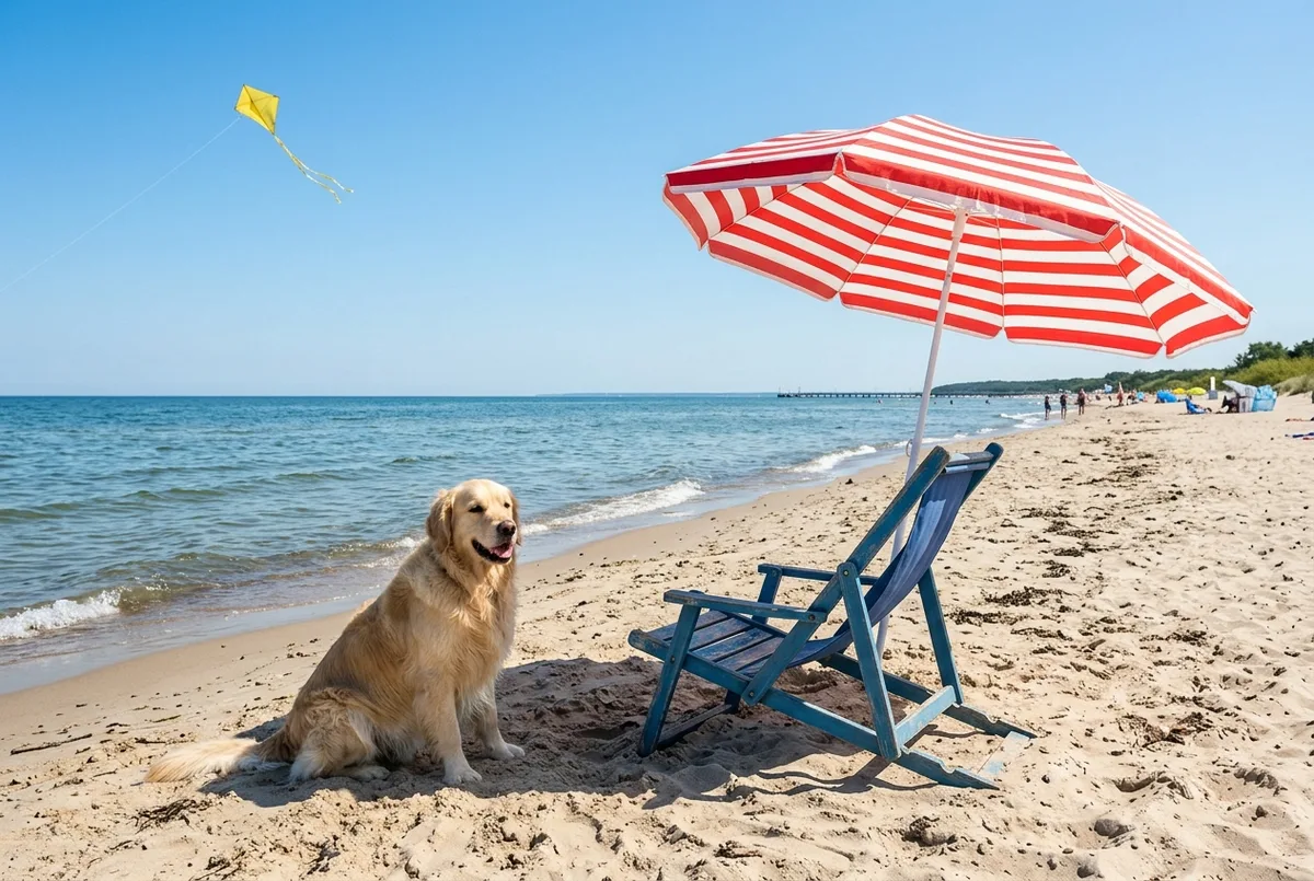 Nano Banana 2.1: plaża w Sopocie z parasolem, psem i latawcem