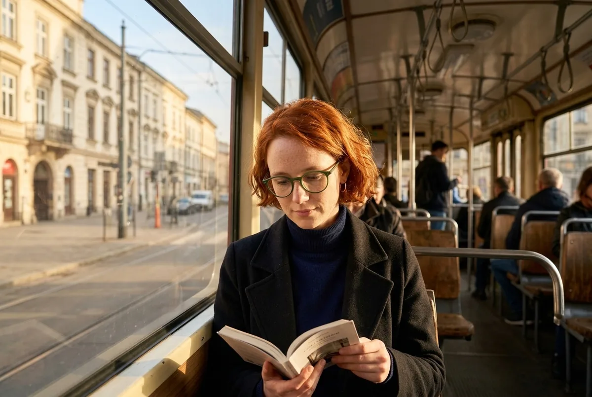 Nano Banana 2.1: ta sama kobieta czyta w krakowskim tramwaju