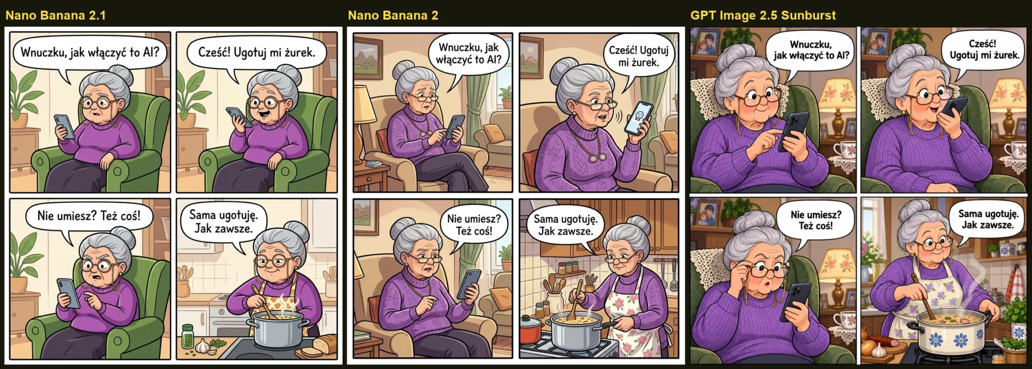 Komiks 4 kadry po polsku - babcia Jadzia i asystent AI: Nano Banana 2.1, Nano Banana 2 i GPT Image 2.5