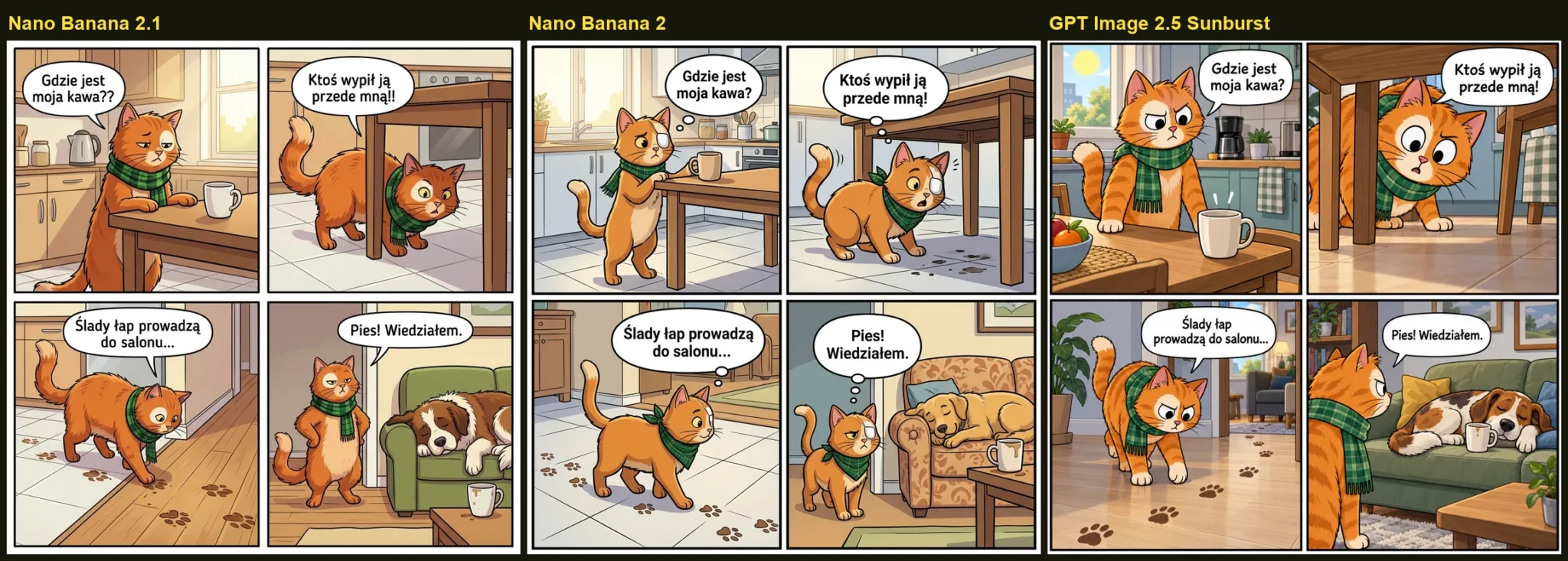 Komiks 4 kadry po polsku - kot Zenek i zaginiona kawa: Nano Banana 2.1, Nano Banana 2 i GPT Image 2.5