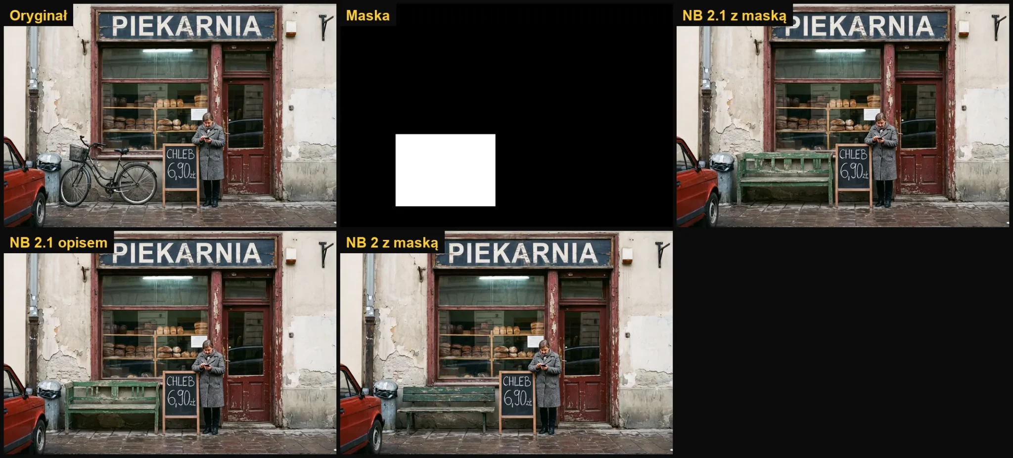 Edycja z maską w Nano Banana 2.1 i 2: rower zamieniony na zieloną ławkę