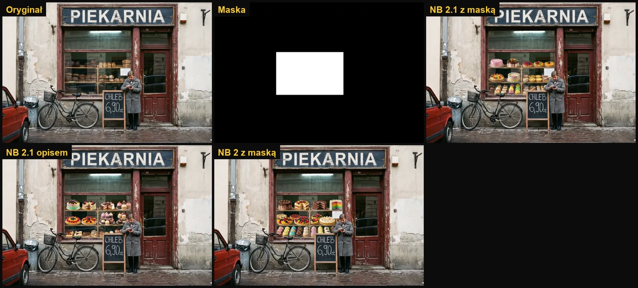 Edycja z maską w Nano Banana 2.1 i 2: chleb w witrynie zamieniony na ciasta