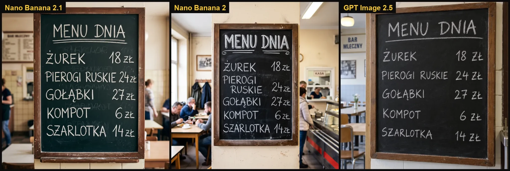 Polskie napisy: menu baru mlecznego w Nano Banana 2.1, Nano Banana 2 i GPT Image 2.5