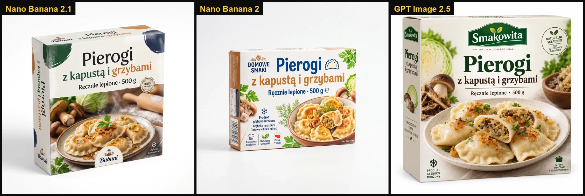 Polskie napisy: pudełko pierogów w Nano Banana 2.1, Nano Banana 2 i GPT Image 2.5