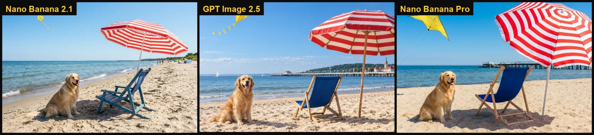 Obiekty w zadanych miejscach, plaża w Sopocie: Nano Banana 2.1, GPT Image 2.5, Nano Banana Pro
