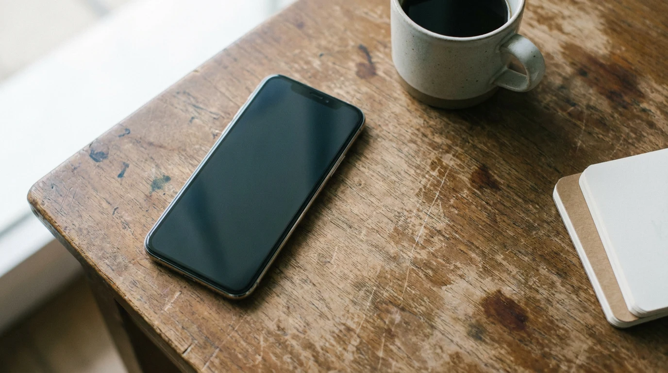 Telefon leżący na biurku obok kubka i notesu