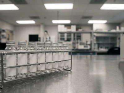 Rząd identycznych nieopisanych fiolek laboratoryjnych w metalowym statywie - Promptowy Rząd identycznych, nieopisanych fiolek laboratoryjnych w metalowym statywie