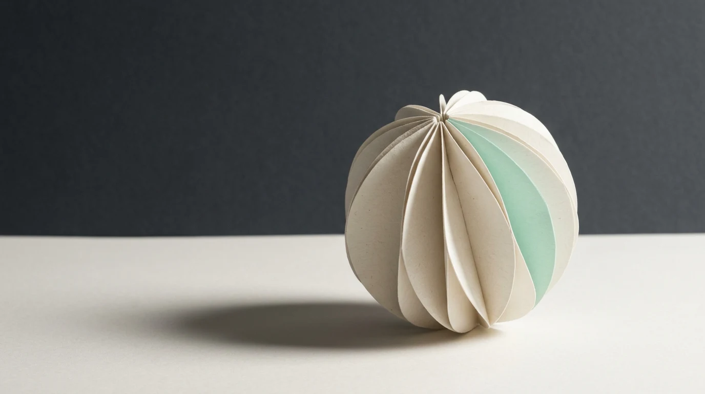 White and pale green paper origami ball folded into concentric petals, resting on a light surface with a soft shadow behind it.