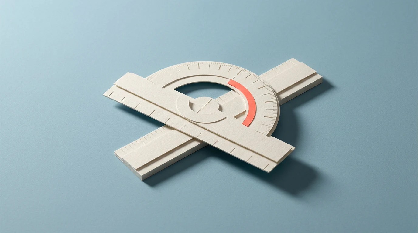 Crossed white rulers with a semicircular protractor on a blue background, highlighting a red measurement arc (concept: precision measurement).