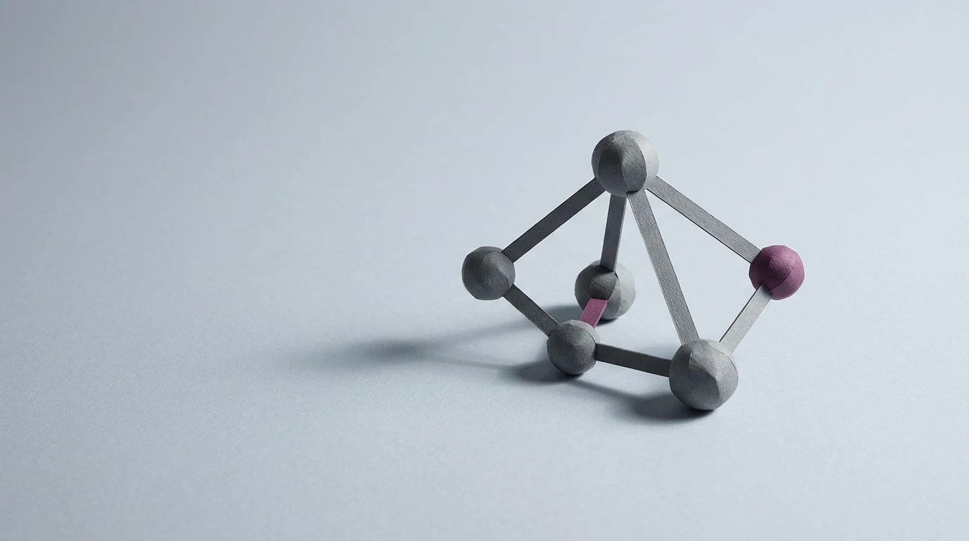 Piotr Sankowski kim jest szef IDEAS jedyny Polak z czterema grantami ERC - Promptowy Wooden molecular model: gray spheres connected by rods forming a small tetrahedral cluster, with pink and purple end spheres.
