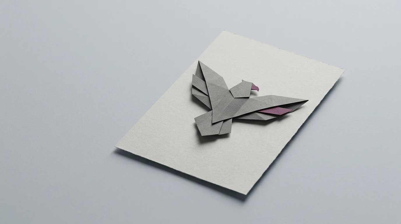 PLLuM polski model językowy państwa Co to jest gdzie działa i czym różni się od Bielika - Promptowy Origami bird folded from gray paper placed on a white card on a light gray surface.