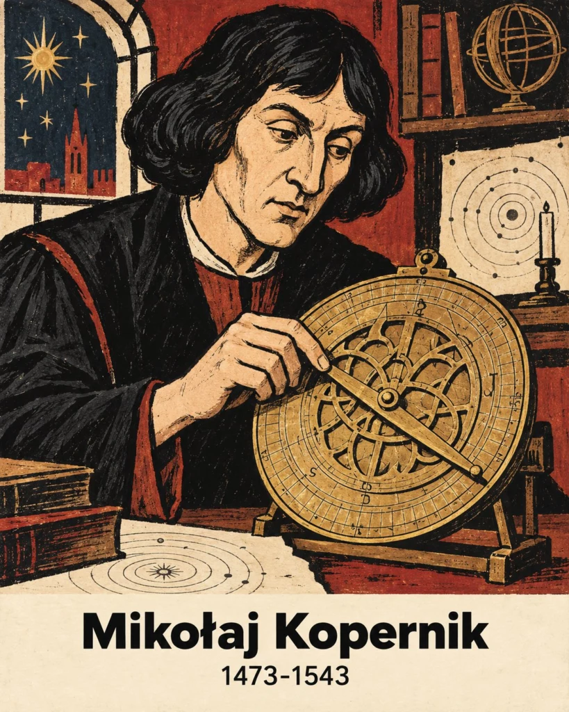 Ilustrowany portret Mikolaja Kopernika z astrolabium