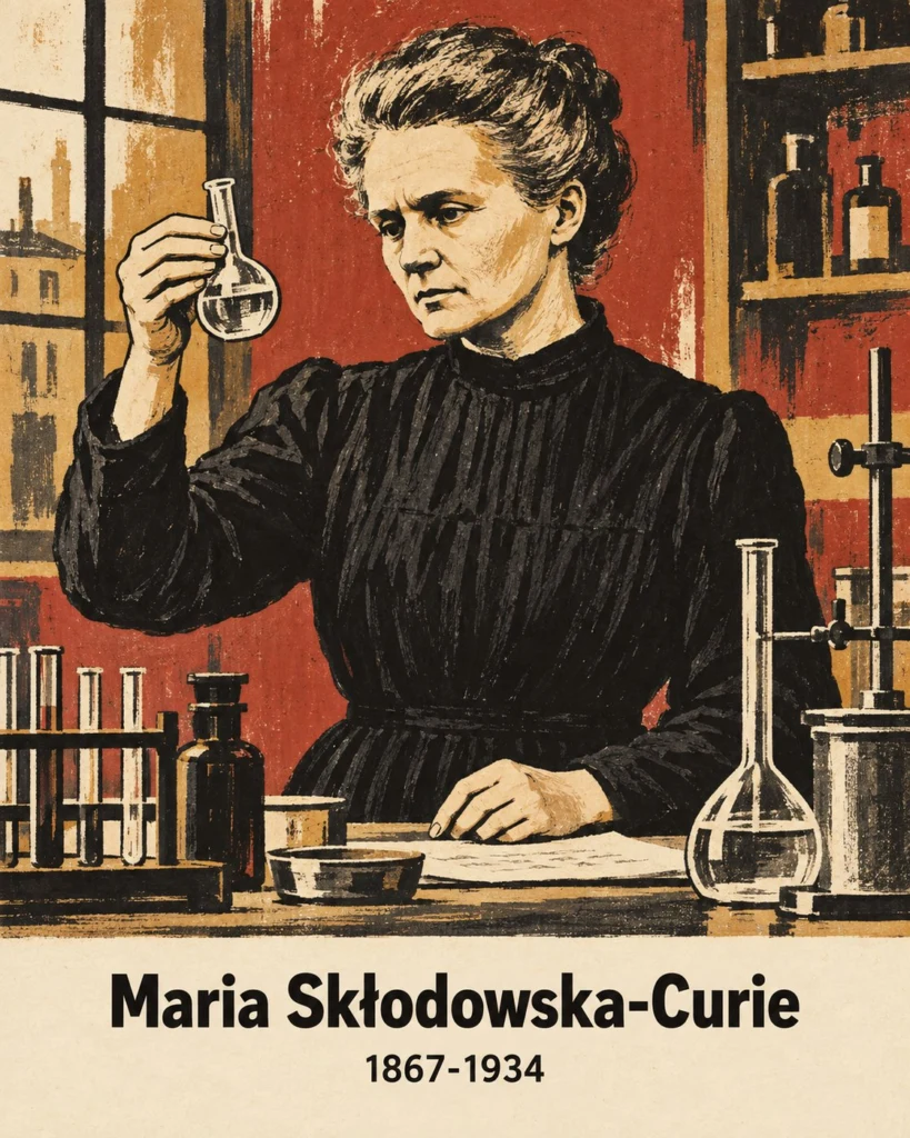 Ilustrowany portret Marii Sklodowskiej-Curie w laboratorium