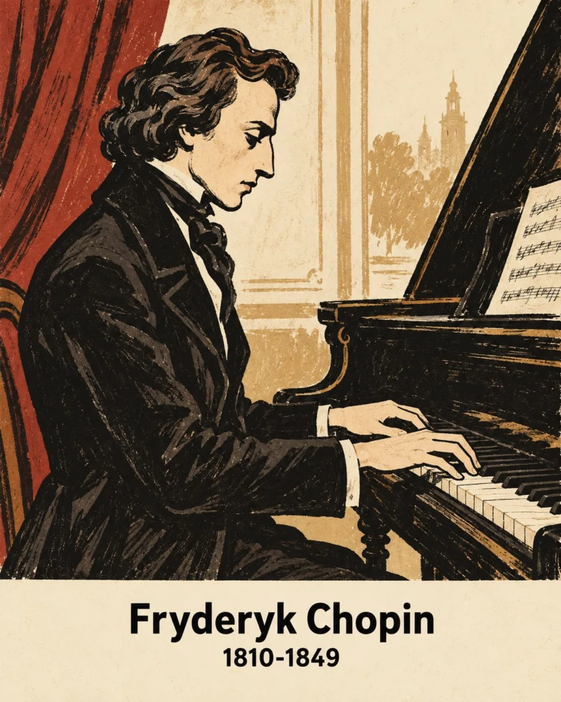 Illustration of composer Frédéric Chopin playing a grand piano, with his hands on the keys and a cityscape in the background, caption reads 'Fryderyk Chopin 1810-1849'
