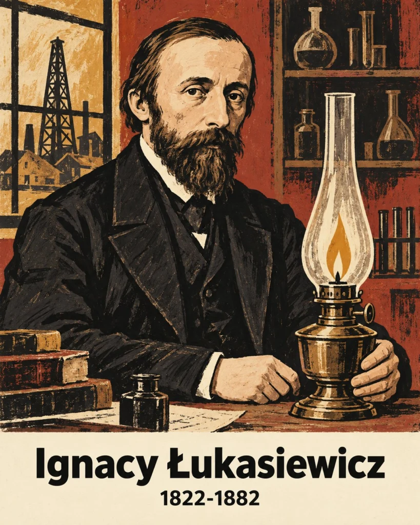 Ilustrowany portret Ignacego Lukasiewicza z lampa naftowa