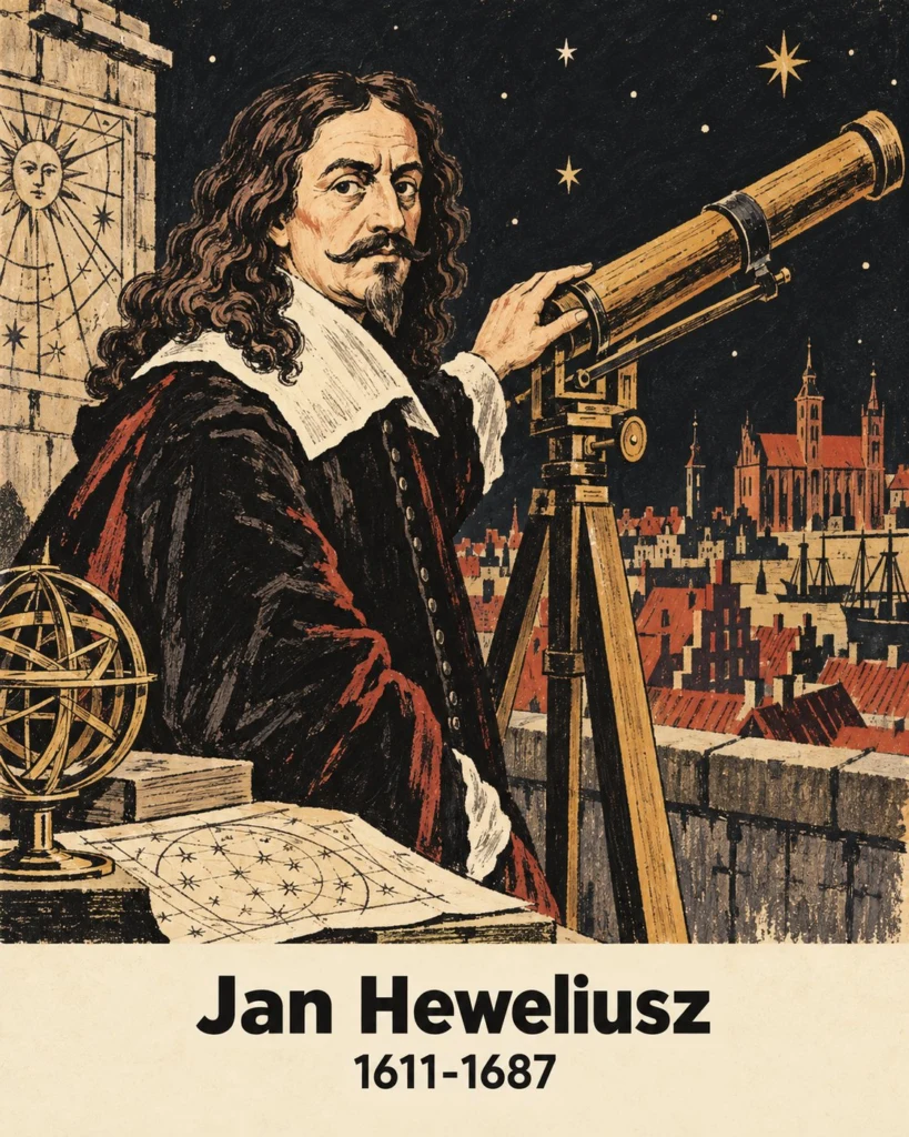 Ilustrowany portret Jana Heweliusza z teleskopem