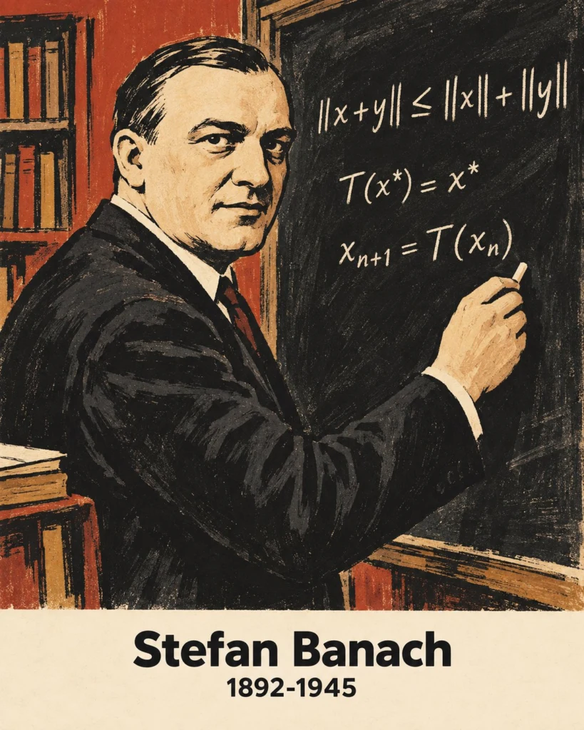 Illustration of Stefan Banach at a chalkboard, writing mathematical formulas, with his name and years at the bottom.