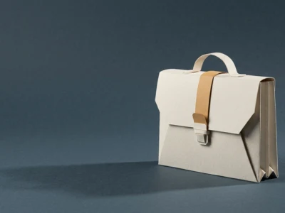Praca z AI jakie role naprawdę istnieją ile płacą i co liczy się przy rekrutacji - Promptowy Beige paper briefcase with a tan strap on a dark blue background, a minimalist origami-style design.