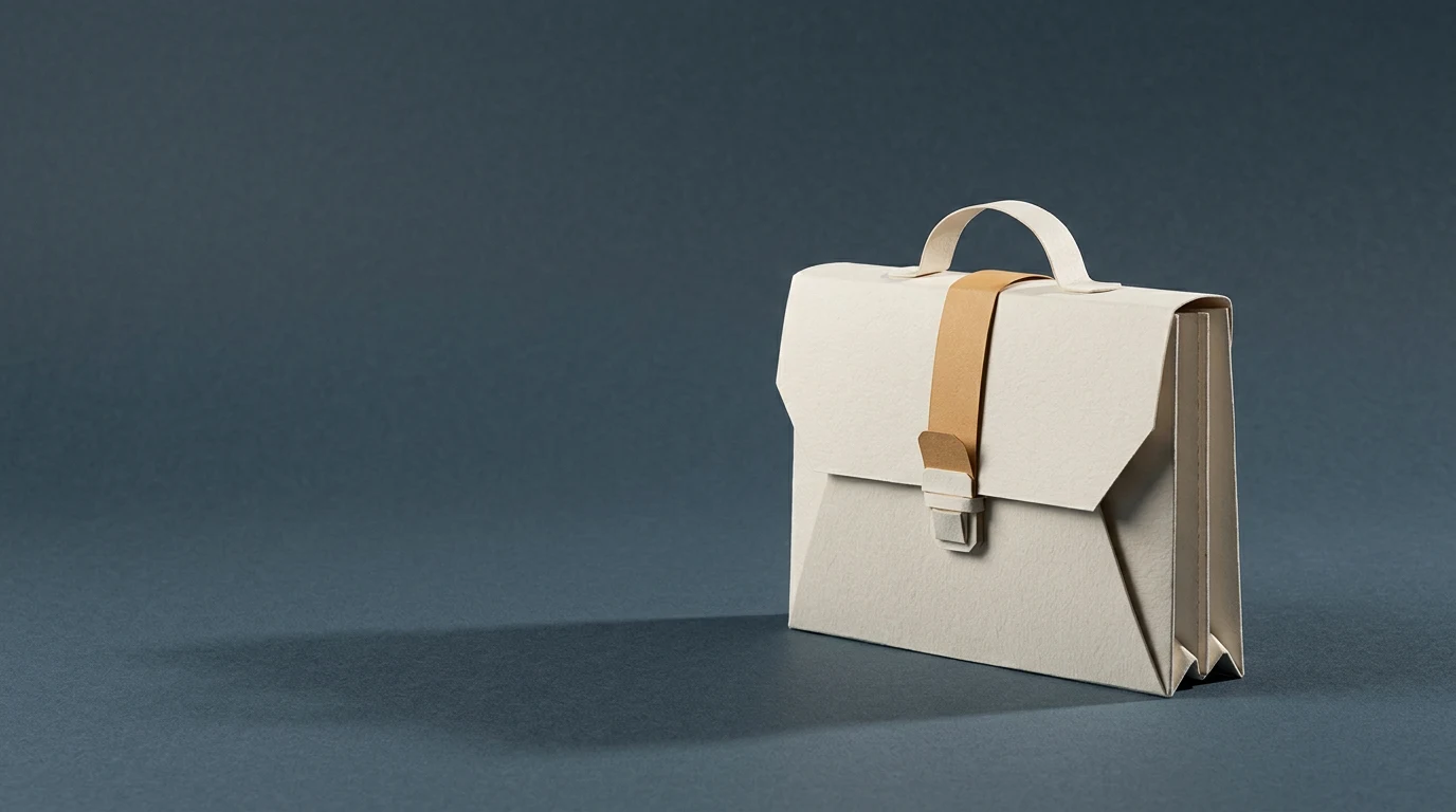 Praca z AI jakie role naprawdę istnieją ile płacą i co liczy się przy rekrutacji - Promptowy Beige paper briefcase with a tan strap on a dark blue background, a minimalist origami-style design.