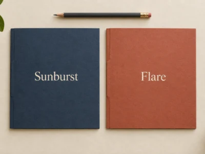 Granatowa i terakotowa teczka z napisami Sunburst i Flare - ilustracja AI. - Promptowy Granatowa i terakotowa teczka z napisami Sunburst i Flare - ilustracja AI.