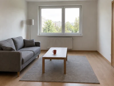 Salon po zmianie białego kubka na rdzawoczerwony. - Promptowy Living room with a gray sofa, wooden coffee table, and a light gray rug underfoot, with a large window and trees outside.