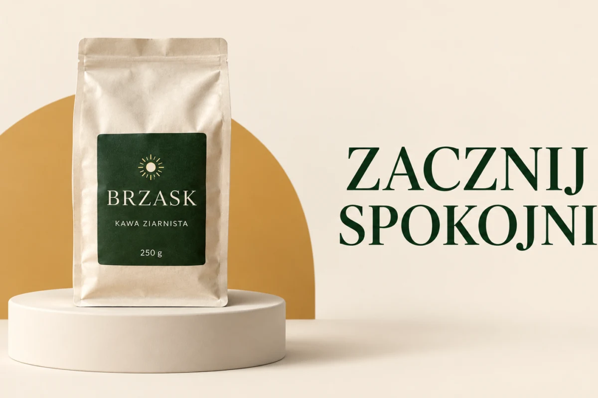 Pozioma reklama kawy BRZASK z hasłem ZACZNIJ SPOKOJNIE.