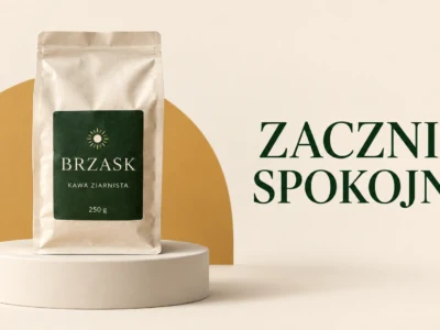 Pozioma reklama kawy BRZASK z hasłem ZACZNIJ SPOKOJNIE. - Promptowy Pozioma reklama kawy BRZASK z hasłem ZACZNIJ SPOKOJNIE.