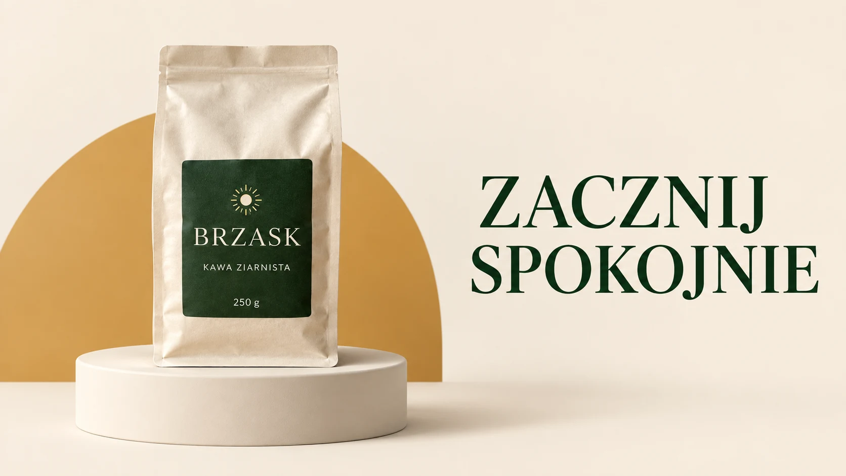 Pozioma reklama kawy BRZASK z hasłem ZACZNIJ SPOKOJNIE.