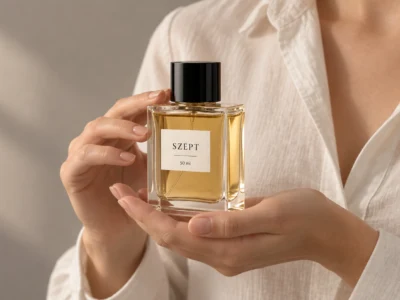 Dwie dłonie podtrzymujące szklane perfumy SZEPT 50 ml. - Promptowy Dwie dłonie podtrzymujące szklane perfumy SZEPT 50 ml.