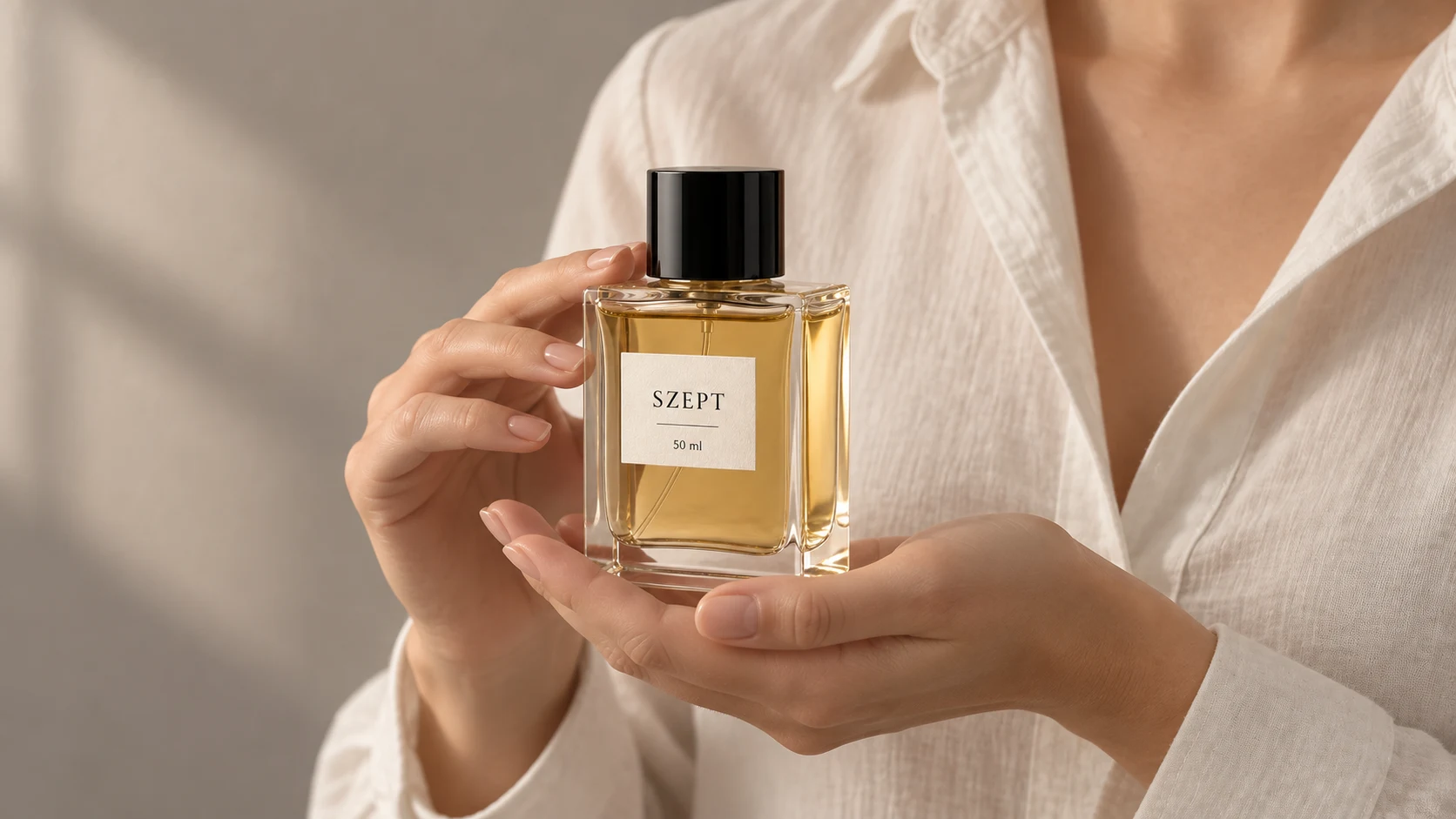 Dwie dłonie podtrzymujące szklane perfumy SZEPT 50 ml.