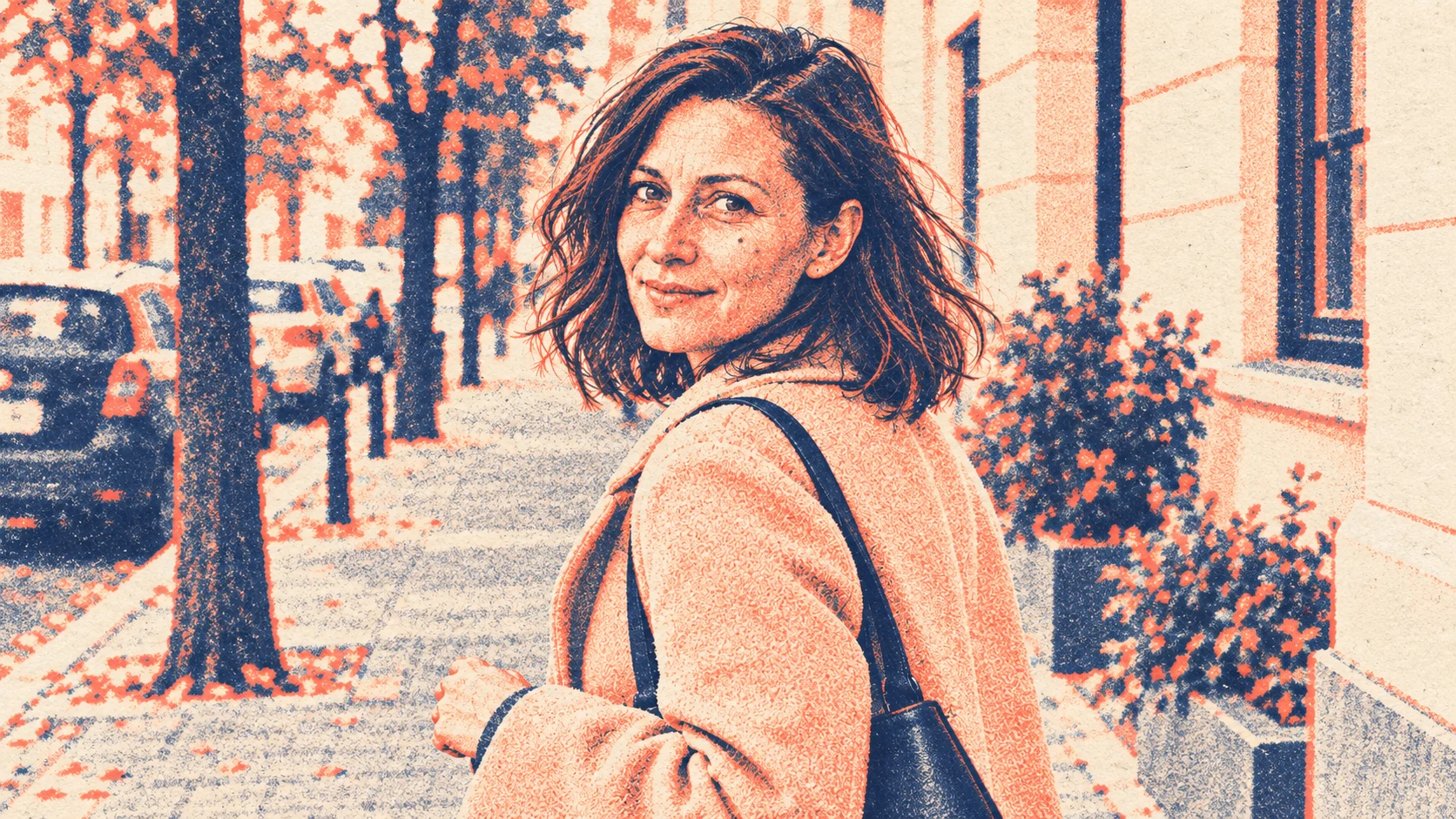 Portret kobiety w granatowej i koralowej ziarnistej stylizacji riso.