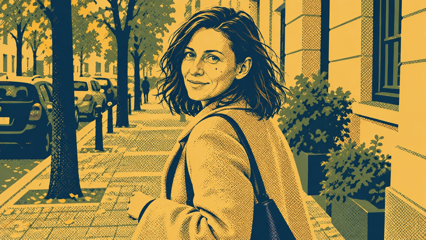 Portret w żółtych i ciemnoturkusowych polach z drukarskim rastrem.