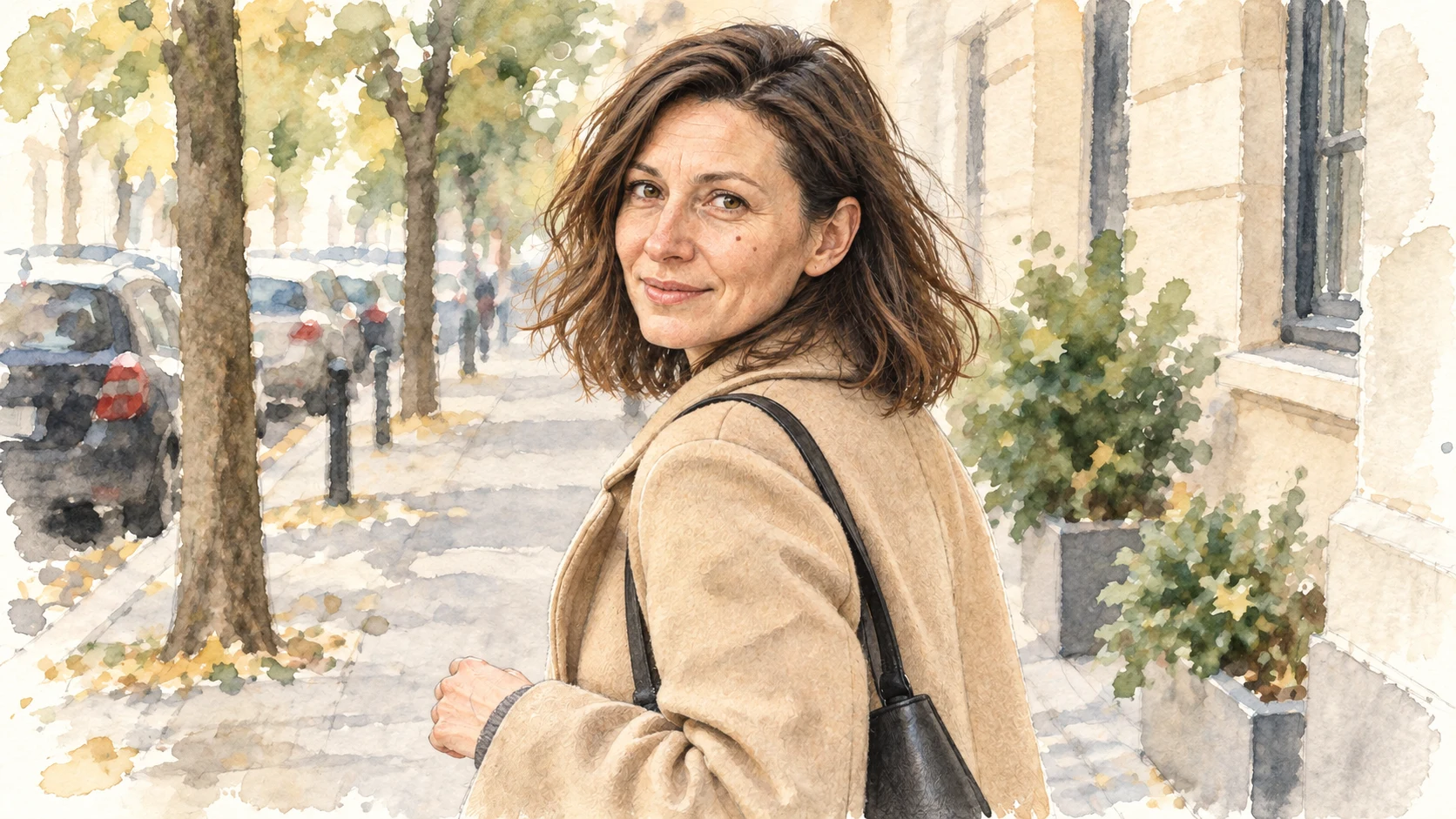Portret kobiety i ulica przedstawione miękką akwarelą na jasnym papierze.