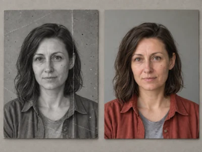 Uszkodzony czarno-biały portret i czysty kolorowy portret obok siebie.
