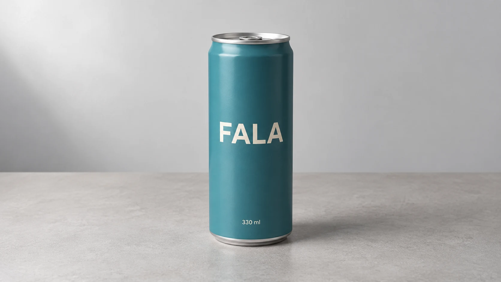 Turkusowa puszka fikcyjnego napoju FALA 330 ml.
