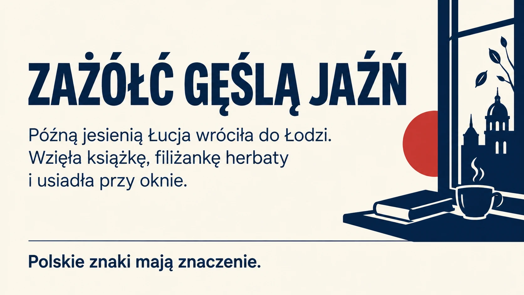 Grafika AI z napisem Zażółć gęślą jaźń i akapitem z polskimi znakami.